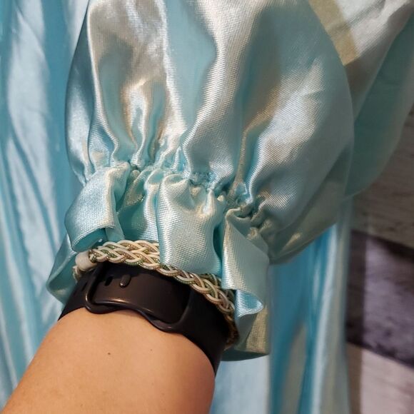 Vintage At Home Wear Sz L 16/18 Ice Blue Satin Zip Robe Ruffle Neck Pockets 1024 - Picture 7 of 10